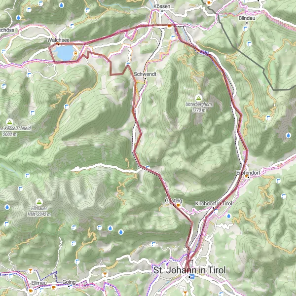 Kartminiatyr av "Spännande grustrakt runt Sankt Johann in Tirol" cykelinspiration i Tirol, Austria. Genererad av Tarmacs.app cykelruttplanerare