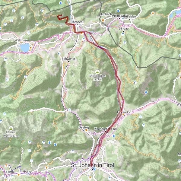 Miniatua del mapa de inspiración ciclista "Ruta de ciclismo de grava de Sankt Johann" en Tirol, Austria. Generado por Tarmacs.app planificador de rutas ciclistas