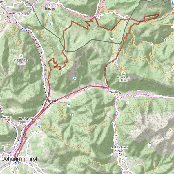 Miniatua del mapa de inspiración ciclista "Desafío de ciclismo de grava en Tirol" en Tirol, Austria. Generado por Tarmacs.app planificador de rutas ciclistas