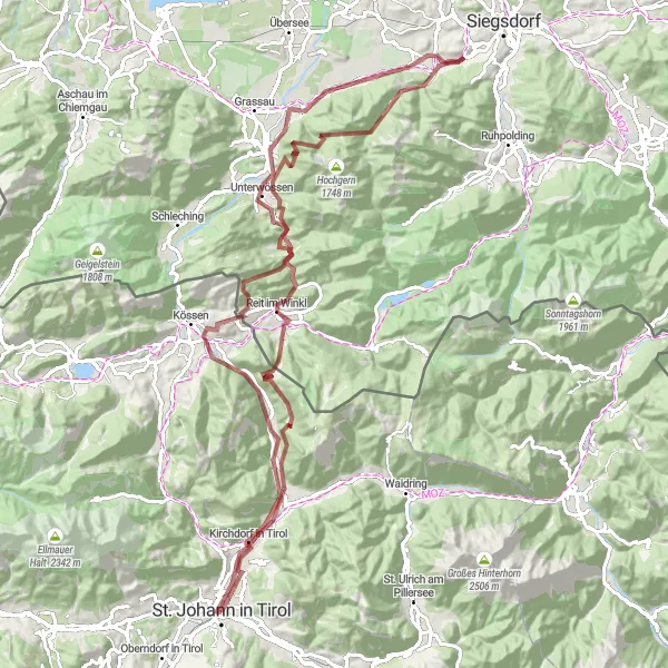 Mapa miniatúra "Gravelová výprava do tirolskej prírody" cyklistická inšpirácia v Tirol, Austria. Vygenerované cyklistickým plánovačom trás Tarmacs.app
