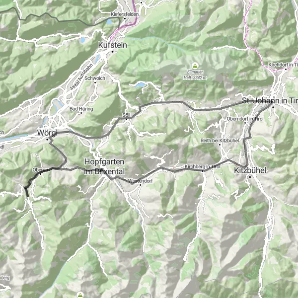 Miniatua del mapa de inspiración ciclista "Ruta de ciclismo de carretera de Sankt Johann" en Tirol, Austria. Generado por Tarmacs.app planificador de rutas ciclistas