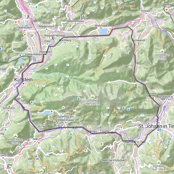 Kartminiatyr av "Sirkulær Veisykling fra Sankt Johann til Oberndorf i Tirol" sykkelinspirasjon i Tirol, Austria. Generert av Tarmacs.app sykkelrutoplanlegger