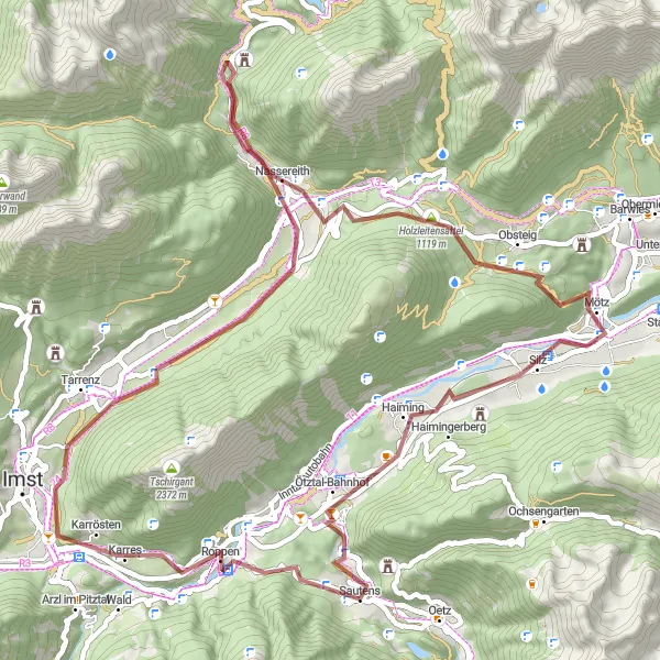 Kartminiatyr av "Karres - Burg Auenstein 64 km Gravel Cycling Route" cykelinspiration i Tirol, Austria. Genererad av Tarmacs.app cykelruttplanerare