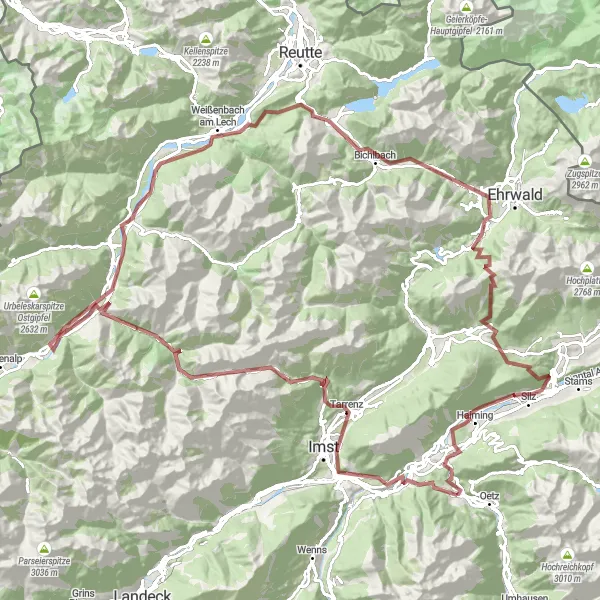 Miniatua del mapa de inspiración ciclista "Ruta de Grava de Sautens a Burg Auenstein" en Tirol, Austria. Generado por Tarmacs.app planificador de rutas ciclistas