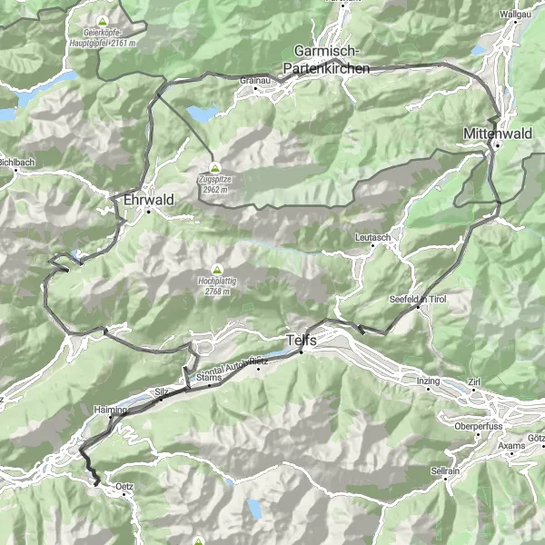 Miniatua del mapa de inspiración ciclista "Ruta de Ciclismo por las Montañas de Tirol" en Tirol, Austria. Generado por Tarmacs.app planificador de rutas ciclistas