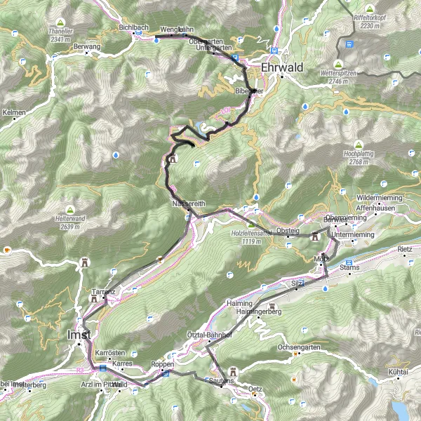 Karttaminiaatyyri "Sautens - Ötztal-Bahnhof Tiefer Klettern" pyöräilyinspiraatiosta alueella Tirol, Austria. Luotu Tarmacs.app pyöräilyreittisuunnittelijalla