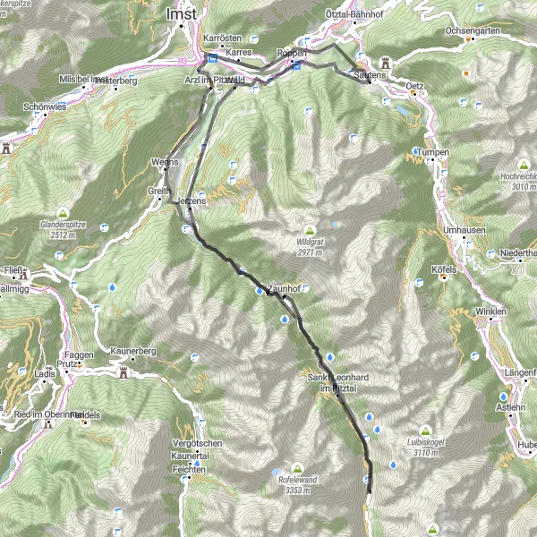 Miniatua del mapa de inspiración ciclista "Ruta Road Sautens - Roppen" en Tirol, Austria. Generado por Tarmacs.app planificador de rutas ciclistas