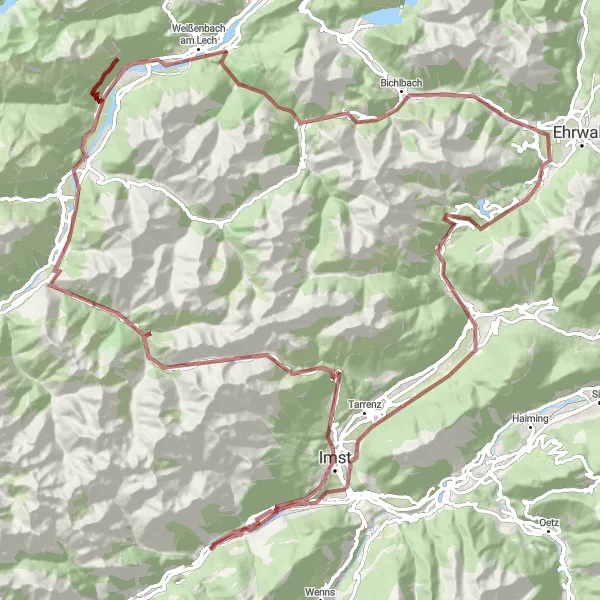 Map miniature of "Schönwies - Wetterkreuz - Hahntennjoch - Pfafflar - Elmen - Baichlstein - Weißenbach am Lech - Kohlberg - Lermoos - Zugspitzblick - Fernpass - Nassereith - Mils bei Imst" cycling inspiration in Tirol, Austria. Generated by Tarmacs.app cycling route planner