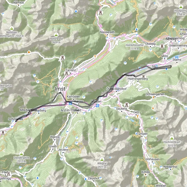 Miniatuurkaart van de fietsinspiratie "Ontdek de pittoreske Ötztal-route" in Tirol, Austria. Gemaakt door de Tarmacs.app fietsrouteplanner