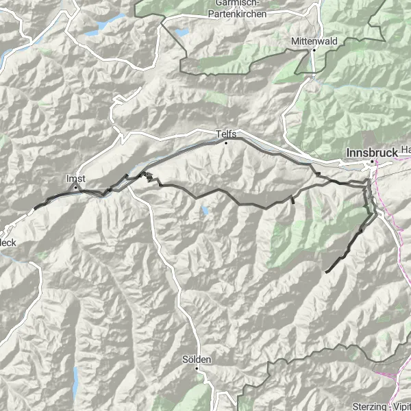 Miniatuurkaart van de fietsinspiratie "Epische Stubaital-route" in Tirol, Austria. Gemaakt door de Tarmacs.app fietsrouteplanner