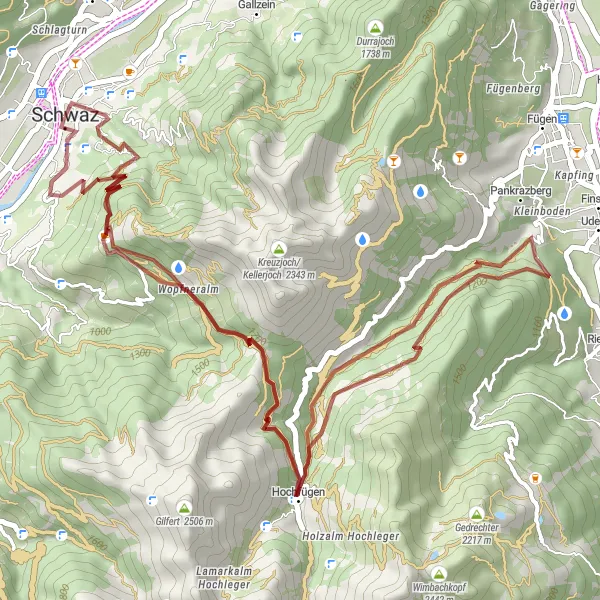 Kartminiatyr av "Oppdag Hochfügen og Seebachkogel på denne grusturen" sykkelinspirasjon i Tirol, Austria. Generert av Tarmacs.app sykkelrutoplanlegger