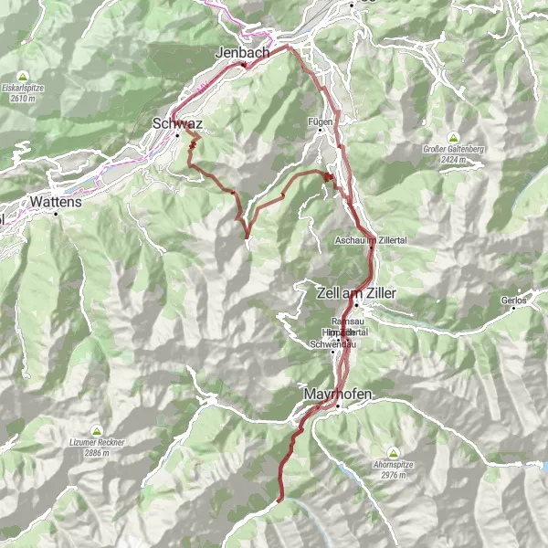 Miniatua del mapa de inspiración ciclista "Exploración del valle de Zillertal" en Tirol, Austria. Generado por Tarmacs.app planificador de rutas ciclistas