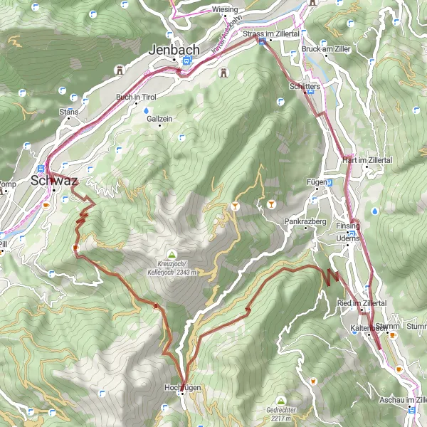 Mapa miniatúra "Gravel Tour okolo Schwazu" cyklistická inšpirácia v Tirol, Austria. Vygenerované cyklistickým plánovačom trás Tarmacs.app