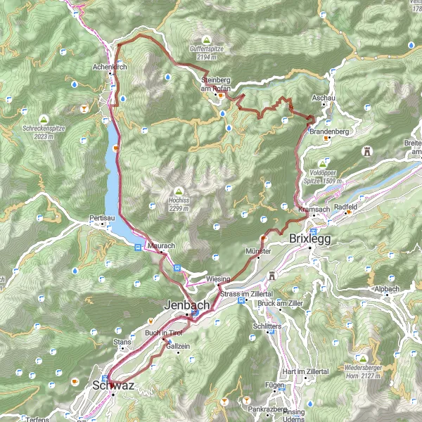 Mapa miniatúra "Gravel Cycling Route around Achensee" cyklistická inšpirácia v Tirol, Austria. Vygenerované cyklistickým plánovačom trás Tarmacs.app