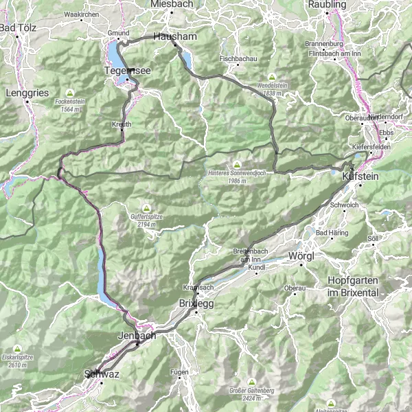 Miniaturní mapa "Cyklotrasa kolem Achensee a Aurachu" inspirace pro cyklisty v oblasti Tirol, Austria. Vytvořeno pomocí plánovače tras Tarmacs.app