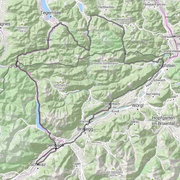 Map miniature of "A Tour of the Achensee Region" cycling inspiration in Tirol, Austria. Generated by Tarmacs.app cycling route planner