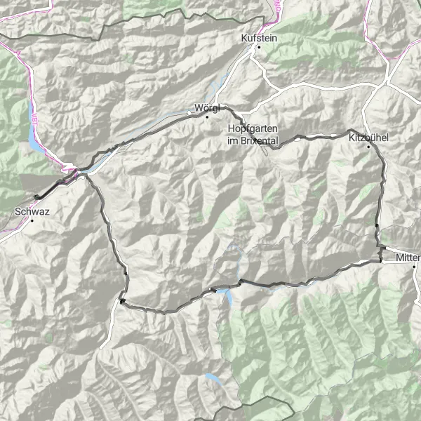Miniatua del mapa de inspiración ciclista "Ruta de ciclismo de carretera por Tirol" en Tirol, Austria. Generado por Tarmacs.app planificador de rutas ciclistas