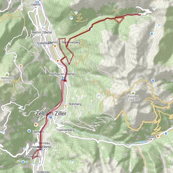 Miniatura della mappa di ispirazione al ciclismo "Passeggiata in Gravel tra Hippach e Ramsau im Zillertal" nella regione di Tirol, Austria. Generata da Tarmacs.app, pianificatore di rotte ciclistiche