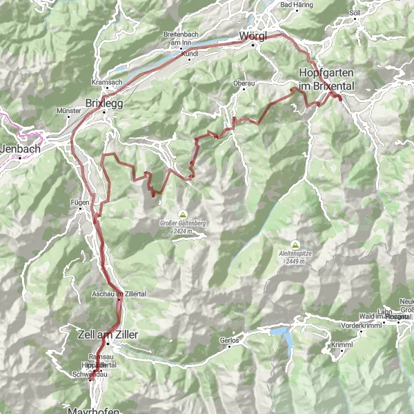 Miniatura della mappa di ispirazione al ciclismo "Giro in Gravel attraverso Hippach e il cuore del Tirolo" nella regione di Tirol, Austria. Generata da Tarmacs.app, pianificatore di rotte ciclistiche