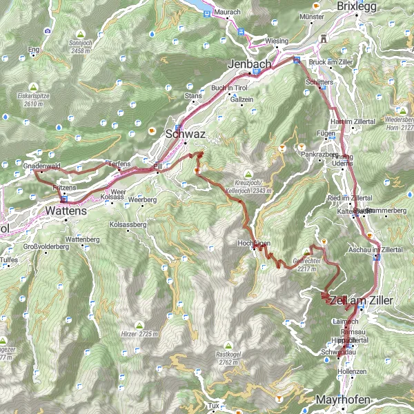 Miniaturekort af cykelinspirationen "Udforsk naturen på denne 111 km lange grusrute" i Tirol, Austria. Genereret af Tarmacs.app cykelruteplanlægger