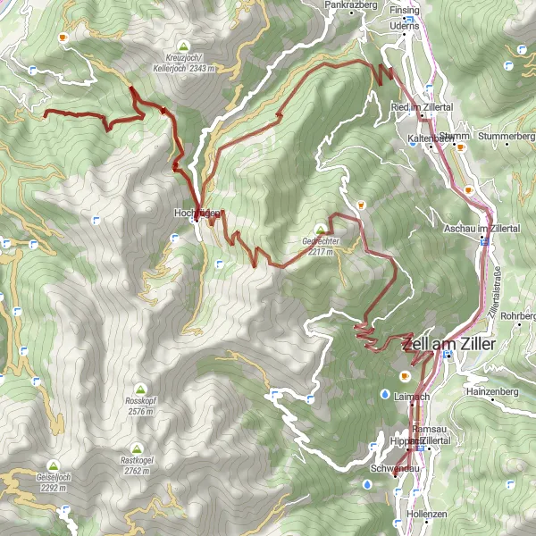 Zemljevid v pomanjšavi "Epic Gravel Cycling Route in Tirol" kolesarske inspiracije v Tirol, Austria. Generirano z načrtovalcem kolesarskih poti Tarmacs.app