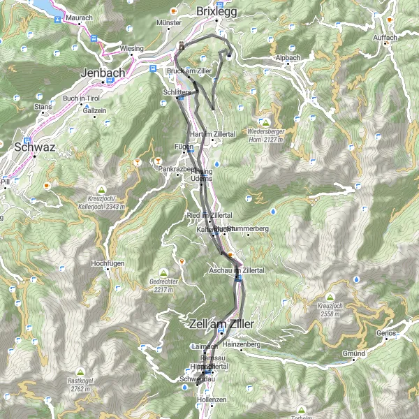 Kartminiatyr av "Cykling i Zillertal" cykelinspiration i Tirol, Austria. Genererad av Tarmacs.app cykelruttplanerare