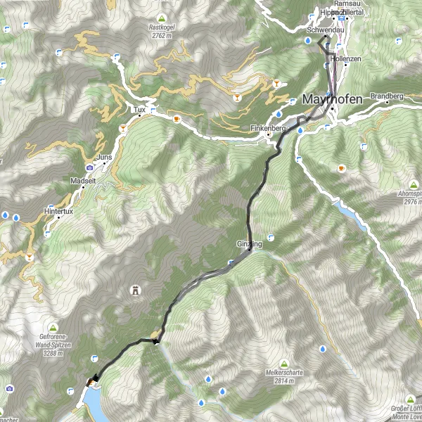 Miniatura della mappa di ispirazione al ciclismo "Tour in bicicletta tra Finkenberg e Mayrhofen" nella regione di Tirol, Austria. Generata da Tarmacs.app, pianificatore di rotte ciclistiche