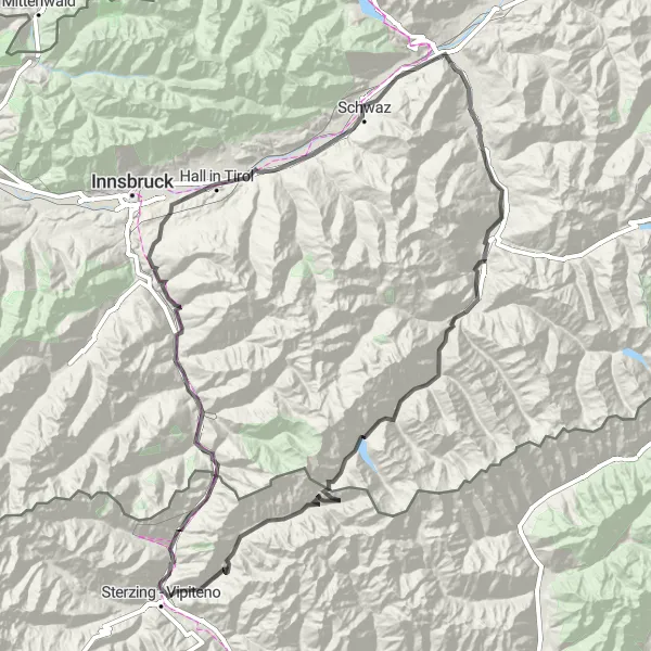 Kartminiatyr av "Utmanande landsväg till Brenner Pass" cykelinspiration i Tirol, Austria. Genererad av Tarmacs.app cykelruttplanerare