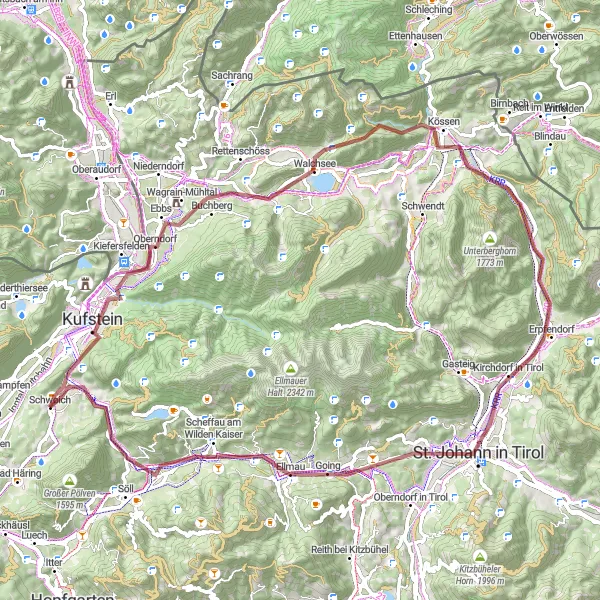 Miniature de la carte de l'inspiration cycliste "Circuit en gravier de 79 km à travers les alentours de Schwoich" dans la Tirol, Austria. Générée par le planificateur d'itinéraire cycliste Tarmacs.app