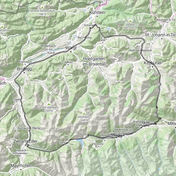 Zemljevid v pomanjšavi "Velika cestna kolesarska tura v Tirolski regiji" kolesarske inspiracije v Tirol, Austria. Generirano z načrtovalcem kolesarskih poti Tarmacs.app