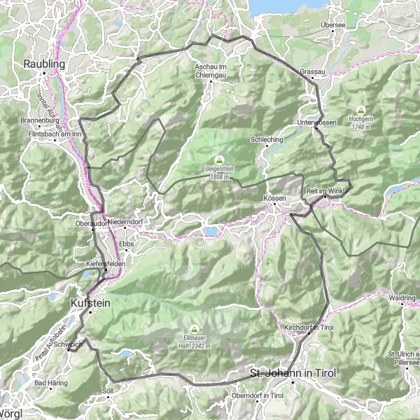 Mapa miniatúra "Kufstein - Kirchdorf in Tirol Loop" cyklistická inšpirácia v Tirol, Austria. Vygenerované cyklistickým plánovačom trás Tarmacs.app