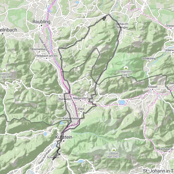 Map miniature of "Thierberg and Kiefersfelden Road Cycling Loop" cycling inspiration in Tirol, Austria. Generated by Tarmacs.app cycling route planner