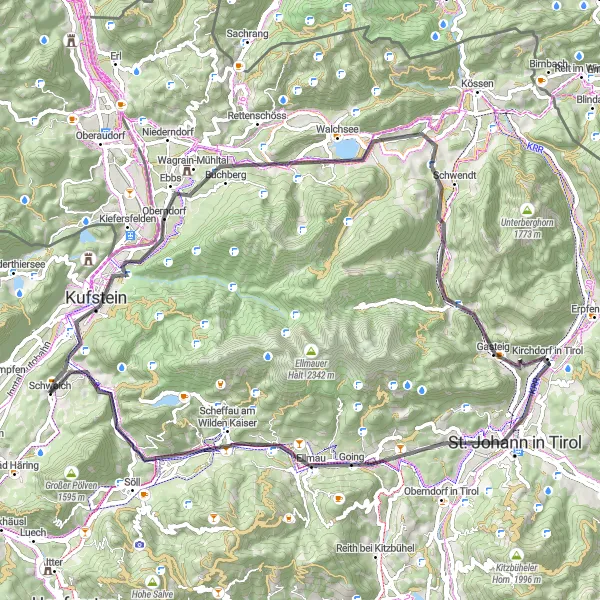 Miniatura della mappa di ispirazione al ciclismo "Giro in bicicletta intorno a Schwoich attraverso Zeller Berg ed Ellmau" nella regione di Tirol, Austria. Generata da Tarmacs.app, pianificatore di rotte ciclistiche