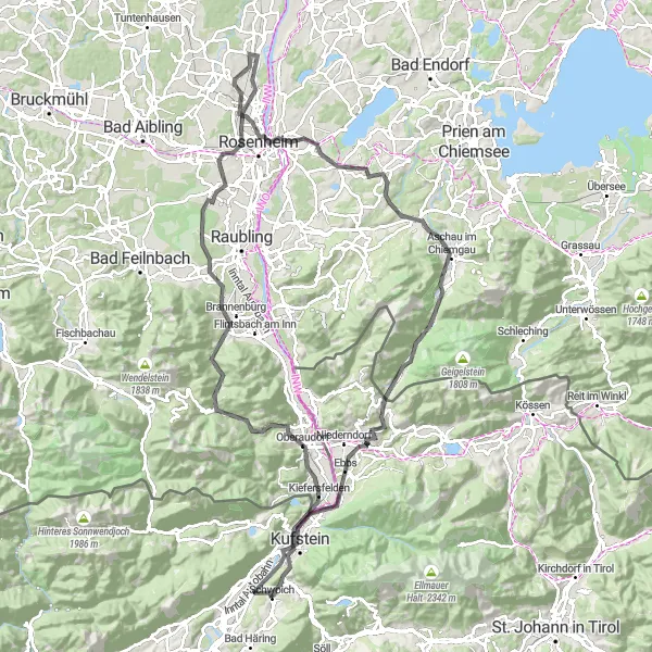Miniatua del mapa de inspiración ciclista "Ruta de ciclismo de carretera por Thierberg y Rosenheim" en Tirol, Austria. Generado por Tarmacs.app planificador de rutas ciclistas