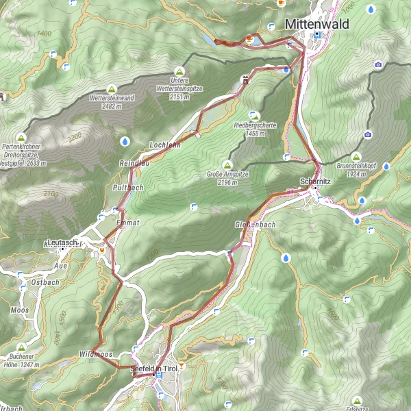 Kartminiatyr av "Utmanande cykeltur till Mittenwald" cykelinspiration i Tirol, Austria. Genererad av Tarmacs.app cykelruttplanerare