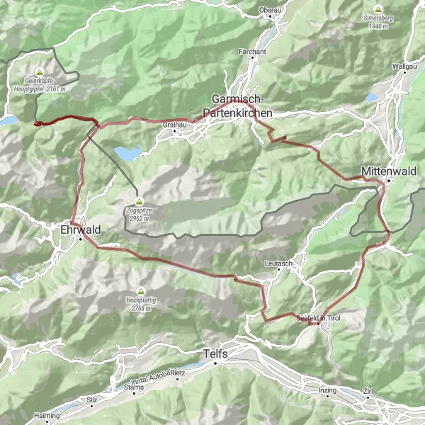 Miniature de la carte de l'inspiration cycliste "Wildmoos to Mittenwald Gravel Loop" dans la Tirol, Austria. Générée par le planificateur d'itinéraire cycliste Tarmacs.app