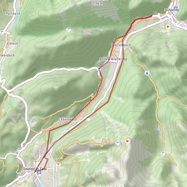 Mapa miniatúra "Poklad v horách" cyklistická inšpirácia v Tirol, Austria. Vygenerované cyklistickým plánovačom trás Tarmacs.app