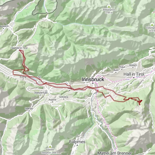 Miniature de la carte de l'inspiration cycliste "Tour de Tirol Gravel Adventure" dans la Tirol, Austria. Générée par le planificateur d'itinéraire cycliste Tarmacs.app