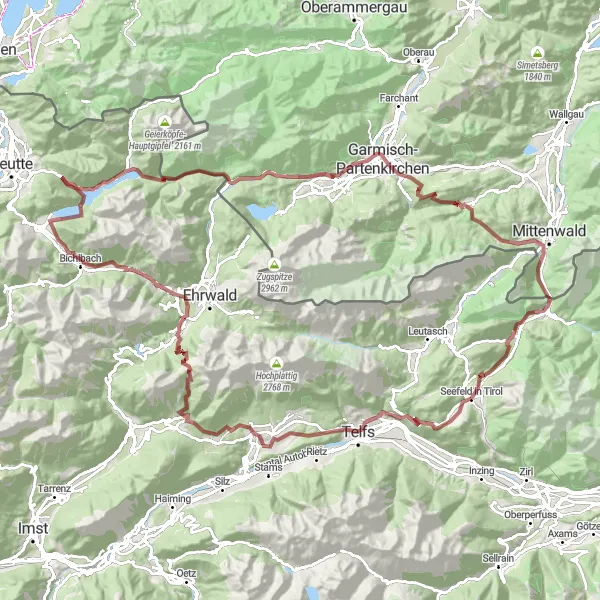 Miniatua del mapa de inspiración ciclista "Ruta de Ciclismo de Montaña por Tirol Desde Seefeld" en Tirol, Austria. Generado por Tarmacs.app planificador de rutas ciclistas