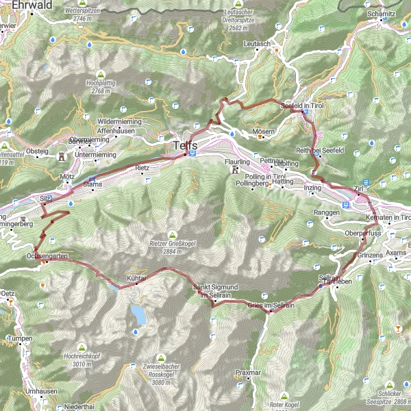 Miniatura della mappa di ispirazione al ciclismo "Tragitto panoramico attraverso le Alpi del Tirolo" nella regione di Tirol, Austria. Generata da Tarmacs.app, pianificatore di rotte ciclistiche