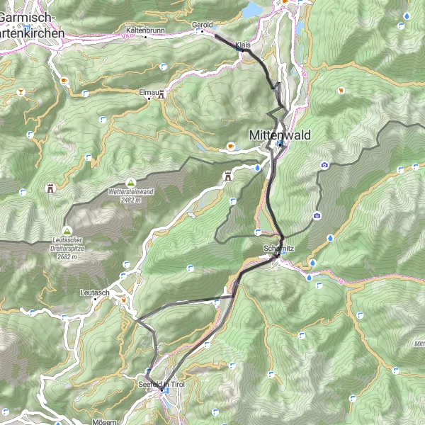 Kartminiatyr av "Cykling genom Mittenwald och Seefeld" cykelinspiration i Tirol, Austria. Genererad av Tarmacs.app cykelruttplanerare