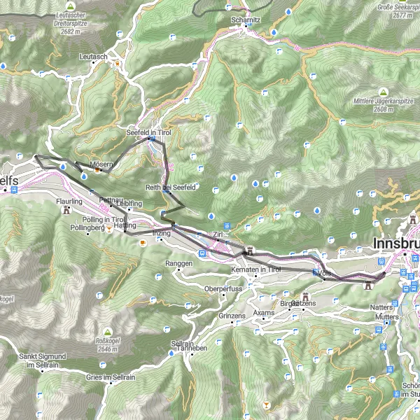 Miniatua del mapa de inspiración ciclista "Ruta de ciclismo de carretera desde Seefeld in Tirol" en Tirol, Austria. Generado por Tarmacs.app planificador de rutas ciclistas