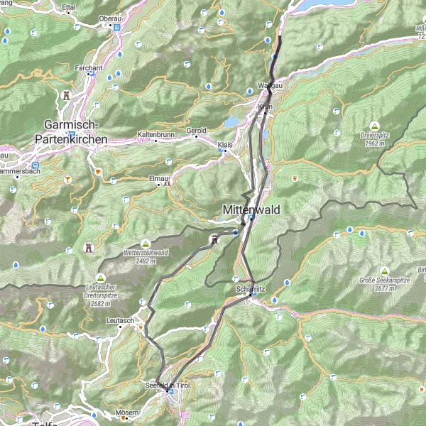 Zemljevid v pomanjšavi "Gorsko raziskovanje Tirolske" kolesarske inspiracije v Tirol, Austria. Generirano z načrtovalcem kolesarskih poti Tarmacs.app