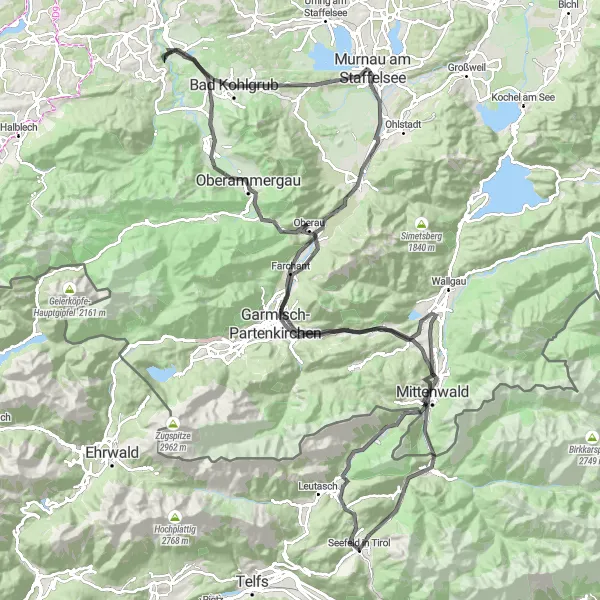 Miniatua del mapa de inspiración ciclista "Vuelta por las montañas y valles de Tirol desde Seefeld" en Tirol, Austria. Generado por Tarmacs.app planificador de rutas ciclistas