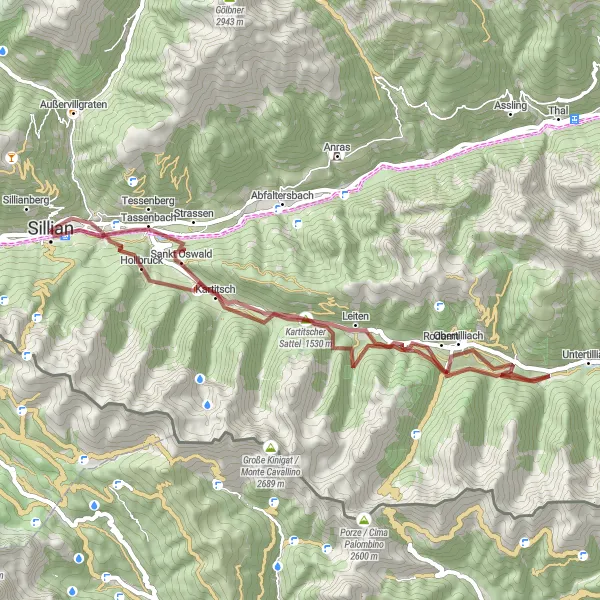 Miniatua del mapa de inspiración ciclista "Ruta de Aventura Tessenberg - Kartitscher Sattel" en Tirol, Austria. Generado por Tarmacs.app planificador de rutas ciclistas