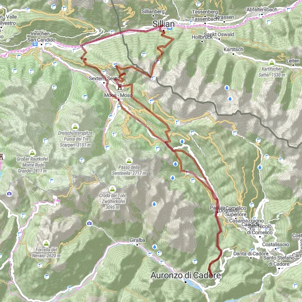 Karttaminiaatyyri "Kulttuurimatka Sant'Antonioon ja Padolaan" pyöräilyinspiraatiosta alueella Tirol, Austria. Luotu Tarmacs.app pyöräilyreittisuunnittelijalla