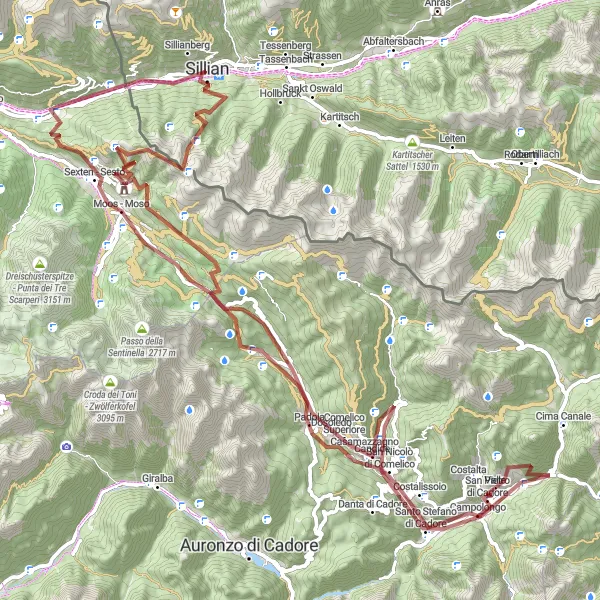 Mapa miniatúra "Gravel cyklotrasa Monte Elmo až Sillian 2" cyklistická inšpirácia v Tirol, Austria. Vygenerované cyklistickým plánovačom trás Tarmacs.app