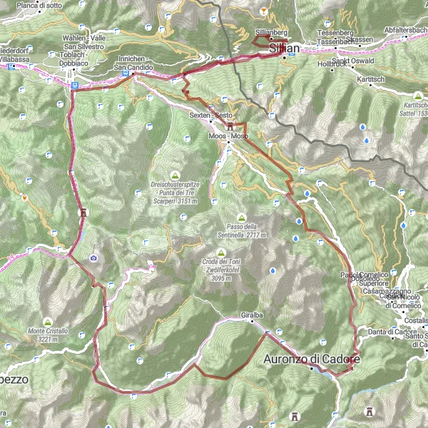 Mapa miniatúra "Gravel route Kreuzbergpass - Auronzo di Cadore" cyklistická inšpirácia v Tirol, Austria. Vygenerované cyklistickým plánovačom trás Tarmacs.app