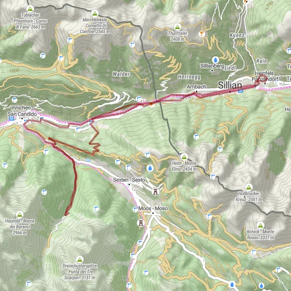 Miniatura della mappa di ispirazione al ciclismo "Giro in bicicletta tra Sillian e Heinfels" nella regione di Tirol, Austria. Generata da Tarmacs.app, pianificatore di rotte ciclistiche