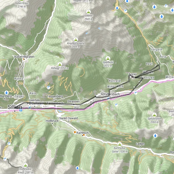 Kartminiatyr av "Kort tur til Heinfels" sykkelinspirasjon i Tirol, Austria. Generert av Tarmacs.app sykkelrutoplanlegger